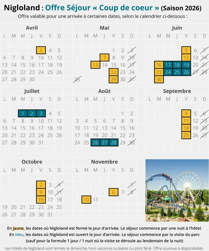 Calendrier avec les dates éligibles au bon plan Séjour Nigloland pas cher avec billets + hôtel.
