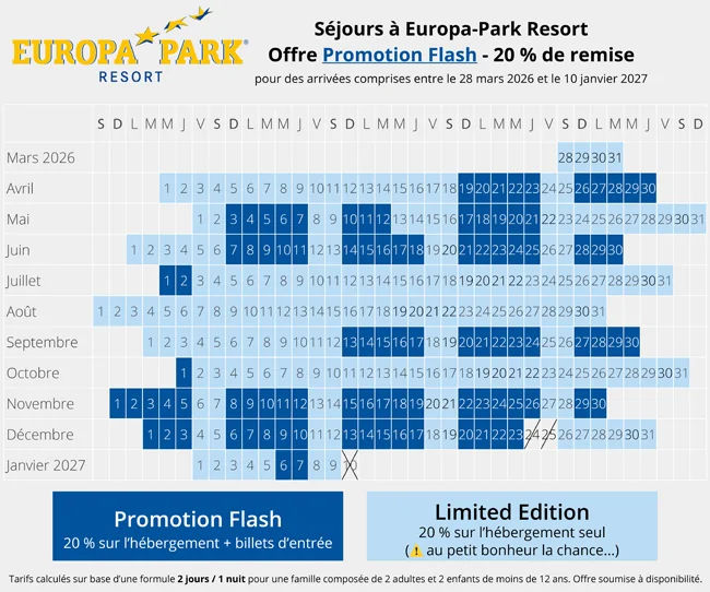 Calendrier du Bon plan Séjour Europa-Park pas cher avec 20 % de réduction à certaines dates en 2026