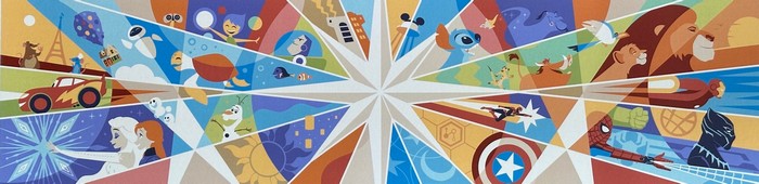 La fresque de Disney Adventure World reprend les différents mondes immersifs du parc.