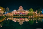 Le jardin Raiponce de nuit avec son petit plan d’eau à coté de l’attraction Tangled Spin.